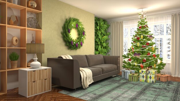 Christmas tree illustration in living room interior