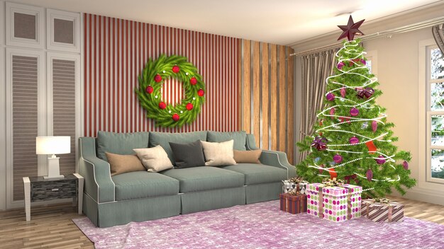 Christmas tree illustration in living room interior