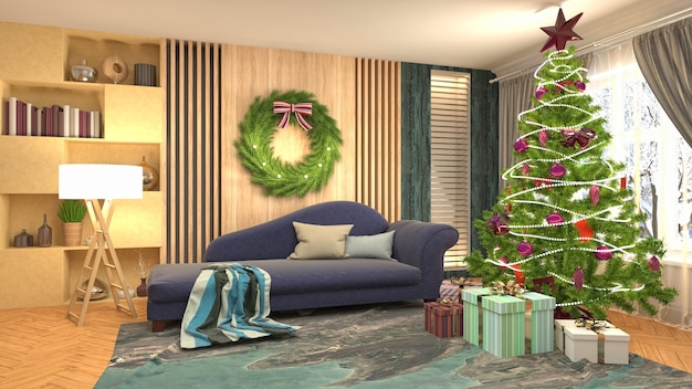 Christmas tree illustration in living room interior