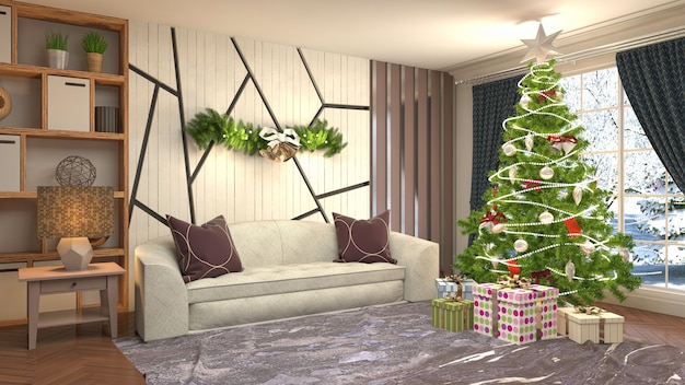 Photo christmas tree illustration in living room interior