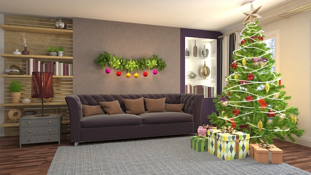 Christmas tree illustration in living room interior