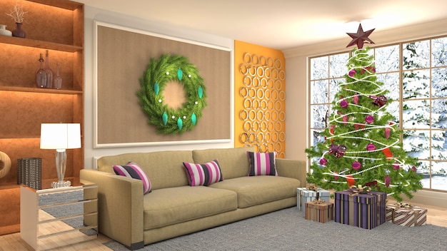 Christmas tree illustration in living room interior