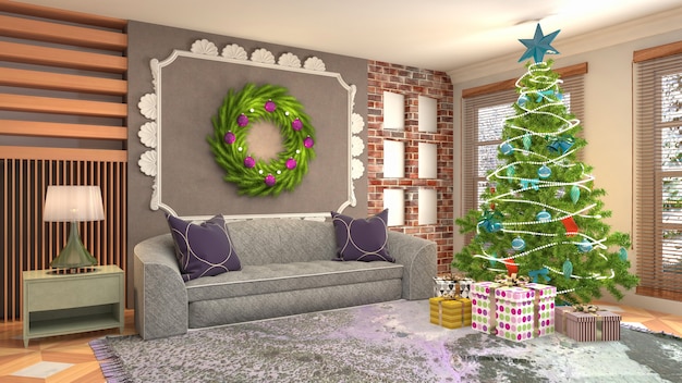 Christmas tree illustration in living room interior