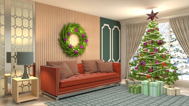 Christmas tree illustration in living room interior