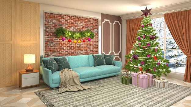 Иллюстрация рождественской елки в интерьере гостиной