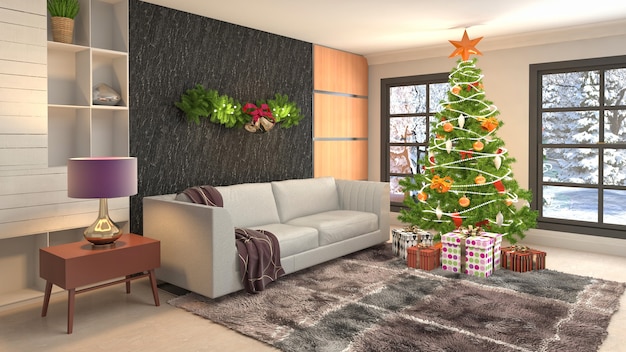 Иллюстрация рождественской елки в интерьере гостиной