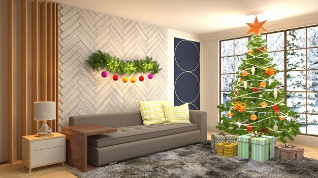 Christmas tree illustration in living room interior