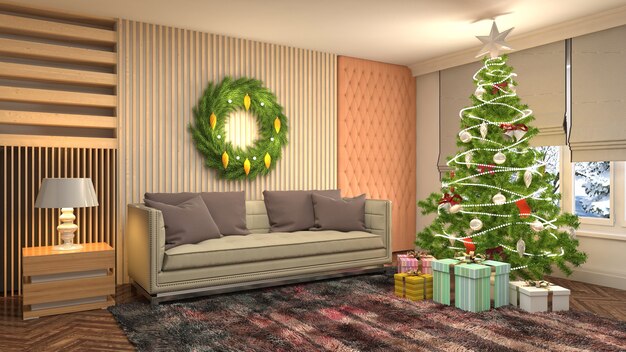 Christmas tree illustration in living room interior