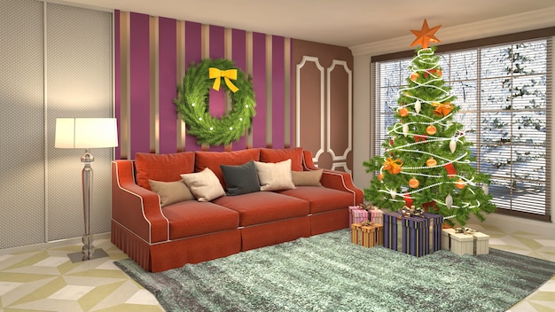 Christmas tree illustration in living room interior