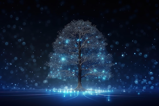 Christmas tree illustration with blue neural connect dots lines and glowing dots Generative Ai