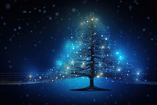 Christmas tree illustration with blue neural connect dots lines and glowing dots Generative Ai