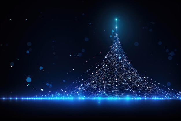Иллюстрация рождественской елки с голубыми нейронными соединительными точками, линиями и светящимися точками Generative Ai