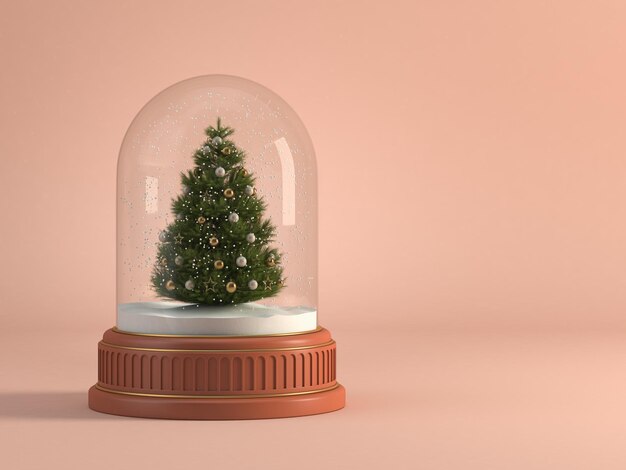 写真 緑の背景のガラスのドームの中のクリスマスツリー 3dイラスト