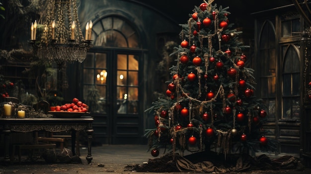 A christmas tree is in a dark room with red ornaments ai