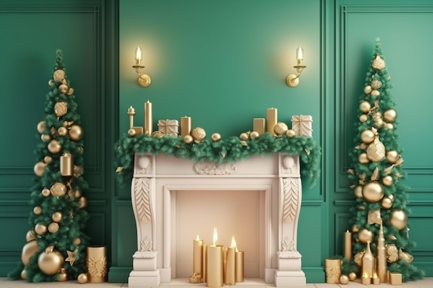 A christmas tree is decorated with gold ornaments and a fireplace.