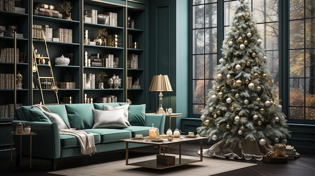 a christmas tree is displayed in a living room with a blue sofa and a christmas tree.