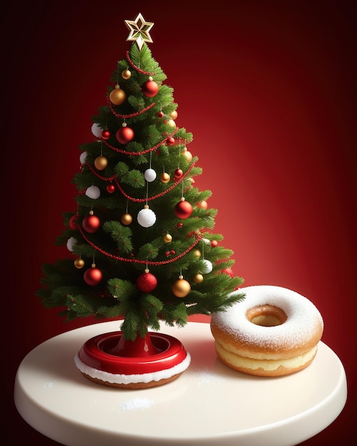 A christmas tree is next to a donut and a donut.