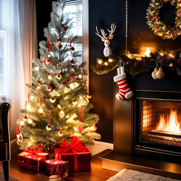 A christmas tree is next to a fireplace with a christmas wreath hanging above it.