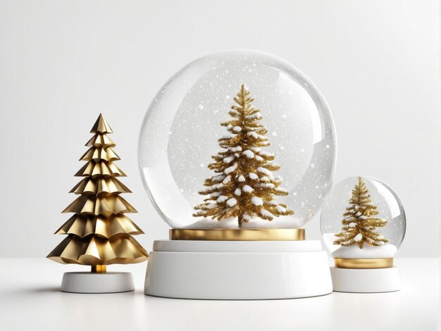 a christmas tree is in a glass ball with a christmas tree in the background