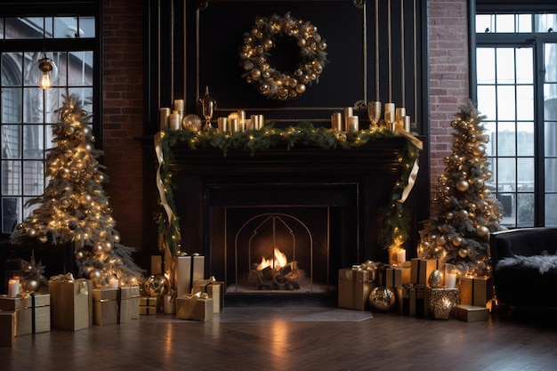 A christmas tree is lit up by a fire and a gold christmas tree is in front of a fireplace.