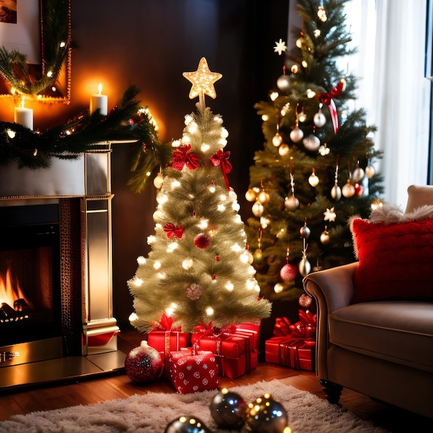 A christmas tree is lit up by a fire and the lights are lit up.