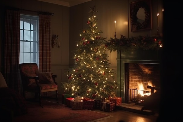 A christmas tree is lit up in a dark room with a fire burning in the corner.