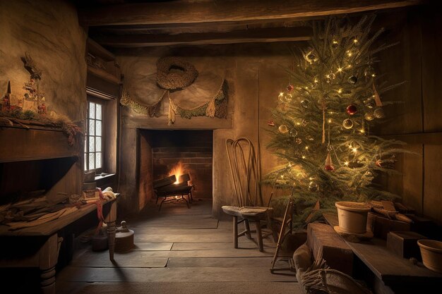 A christmas tree is lit up in a dark room with a fireplace and a lit up christmas tree.