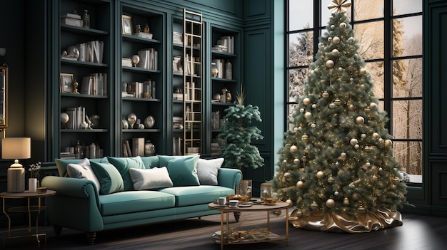 a christmas tree is in a living room with a blue couch and a coffee table.