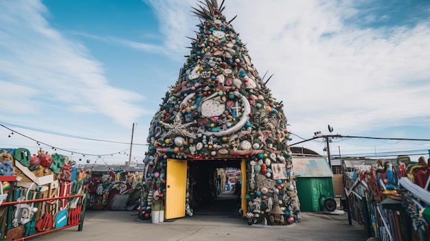 A christmas tree is shown in front of a garage.