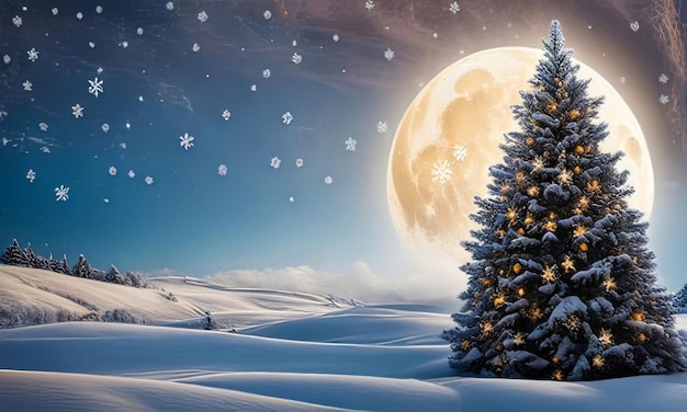 a christmas tree is in the snow with a full moon in the background