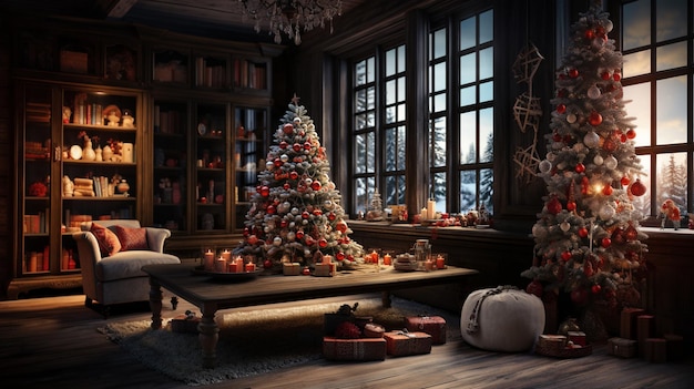 a christmas tree is surrounded by bookshelves and a fireplace.