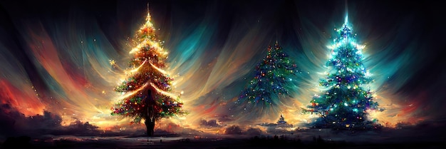 Пейзаж с рождественской елкой, счастливого Рождества. Цифровая иллюстрация.