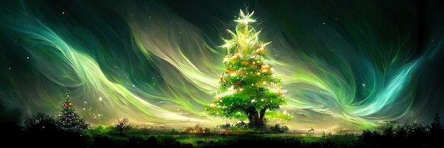 Christmas tree landscape, merry christmas. Digital Illustration.