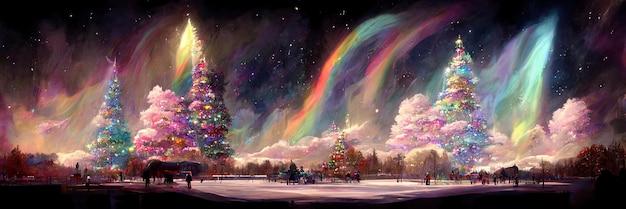 Christmas tree landscape, merry christmas. Digital Illustration.