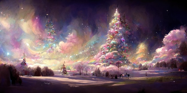 Christmas tree landscape, merry christmas. Digital Illustration.