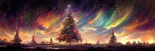 Christmas tree landscape, merry christmas. Digital Illustration.