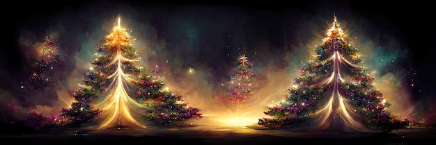 Christmas tree landscape, merry christmas. Digital Illustration.