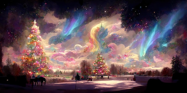 Christmas tree landscape, merry christmas. Digital Illustration.