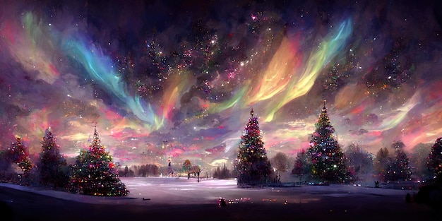 クリスマス ツリーの風景、メリー クリスマス。デジタル イラスト。