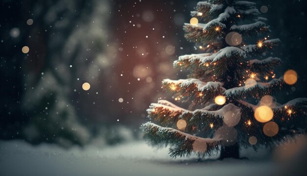 Christmas tree and light bokeh with snowfall created with generative AI