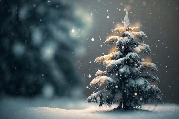 Christmas tree and light bokeh with snowfall created with generative AI