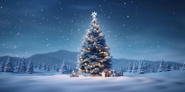 Christmas tree light decoration on snow forest background