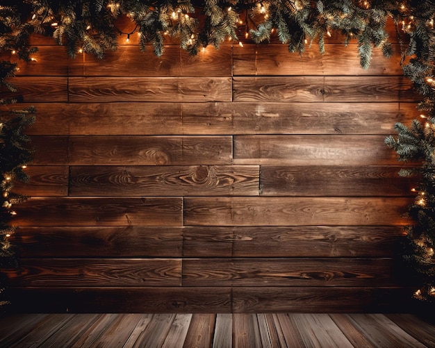 Christmas tree lights on a wooden wall