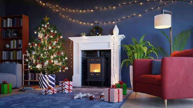 Christmas tree in a living room 3d rendering