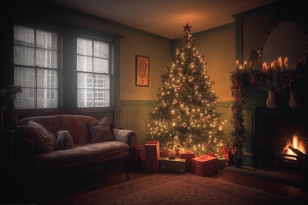 A christmas tree in a living room with a fireplace and christmas lights.