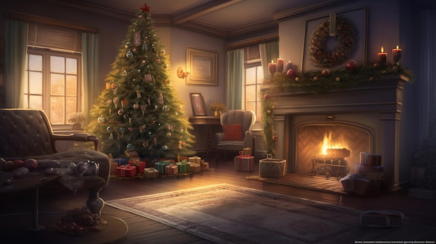 A christmas tree in a living room with a fireplace and a christmas tree in the corner.