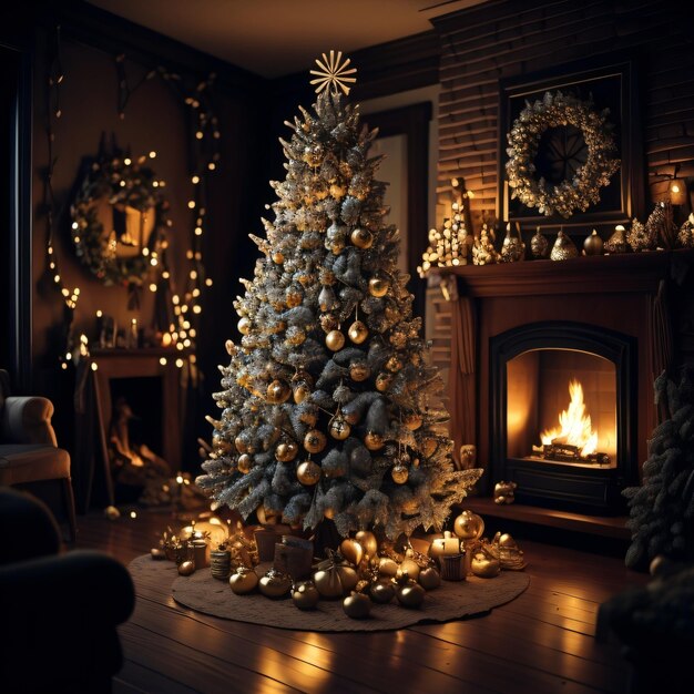 A christmas tree in a living room with a fireplace and a lit up christmas tree.