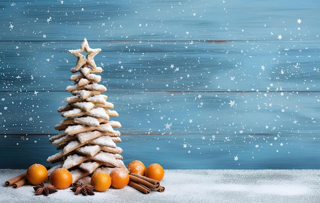 Christmas tree made of cinnamon sticks and snow on blue wooden table in the style of depictions