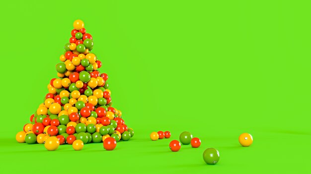 Christmas tree made of colorful balls on a green background. New Year concept. 3D rendering illustration.