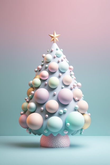 Рождественская елка из разноцветных шаров на пастельном фоне